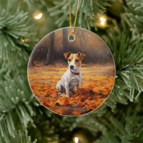 Jack Russell in Autumn Leaves Fall Inspire Ceramic Ornament