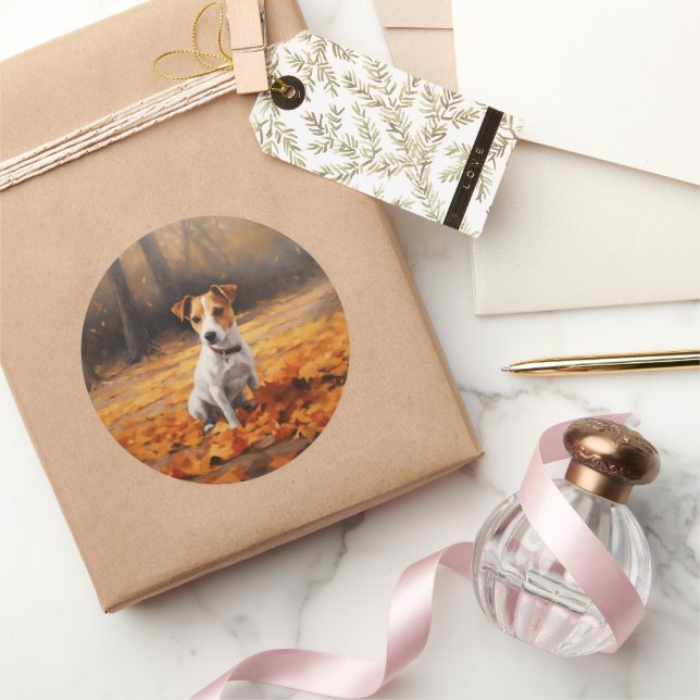 Jack Russell in Autumn Leaves Fall Inspire Classic Round Sticker (Gifting)