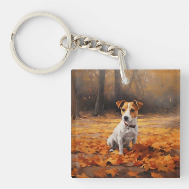 Jack Russell in Autumn Leaves Fall Inspire Keychain (Front)