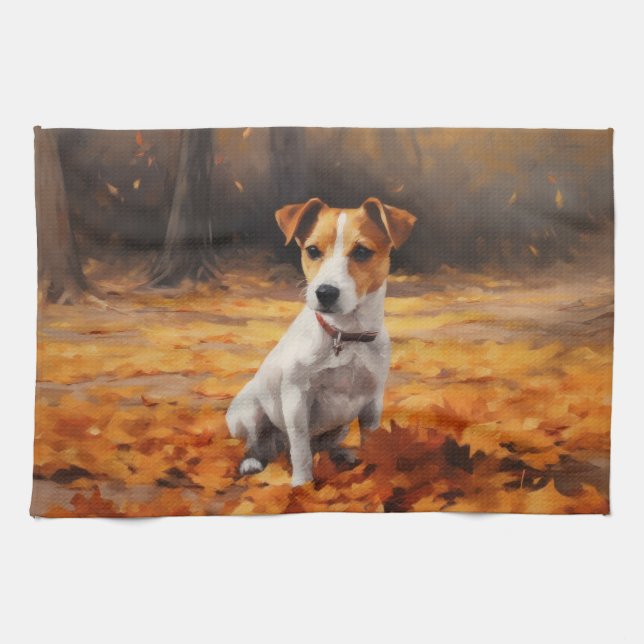 Jack Russell in Autumn Leaves Fall Inspire Kitchen Towel (Horizontal)