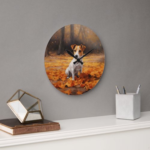 Jack Russell in Autumn Leaves Fall Inspire Large Clock