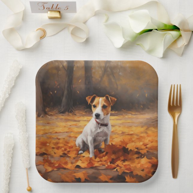 Jack Russell in Autumn Leaves Fall Inspire Paper Plates (Wedding)