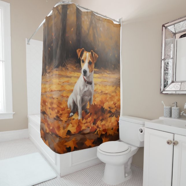 Jack Russell in Autumn Leaves Fall Inspire Shower Curtain (In Situ)
