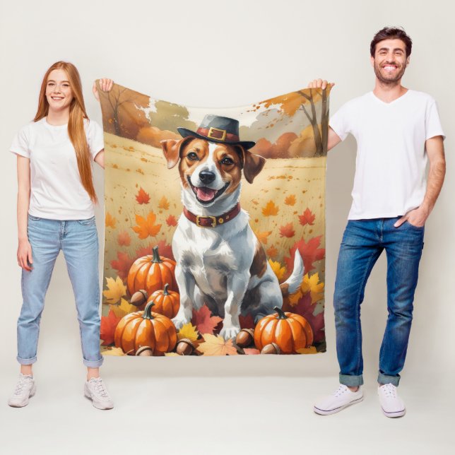 Jack Russell In Autumn Leaves Thanksgiving Art Fleece Blanket (In Situ)
