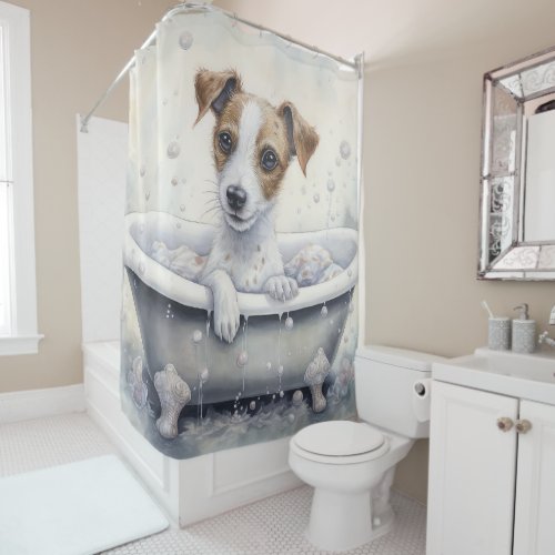 Jack Russell In Bathtub Watercolor Dog Art Shower Curtain
