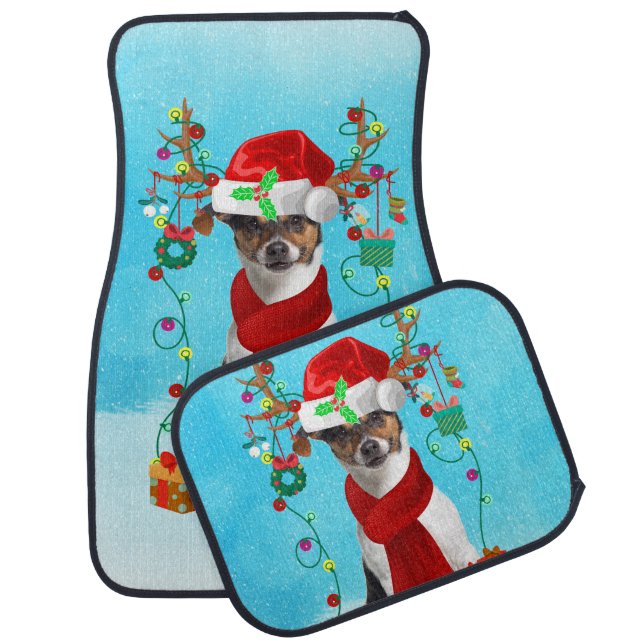 Jack Russell in snow with Christmas gifts  Car Floor Mat (Set)
