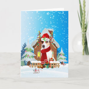Jack Russell in snow with Christmas gifts Card