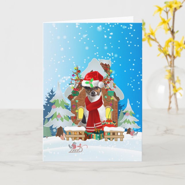 Jack Russell in snow with Christmas gifts  Card (Yellow Flower)