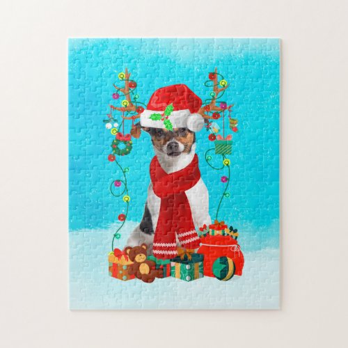 Jack Russell in snow with Christmas gifts Jigsaw Puzzle