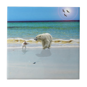 Jack Russell Meet Polar Bear, Ceramic Tile