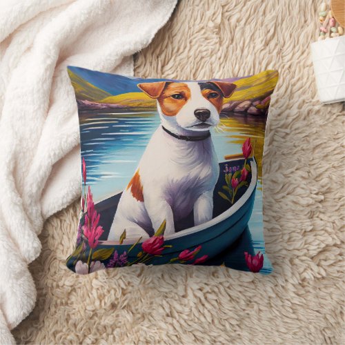 Jack Russell on a Paddle A Scenic Adventure Throw Pillow