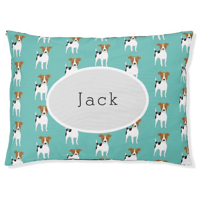Jack Russell Pattern Aqua Personalized Pet Bed (Front)