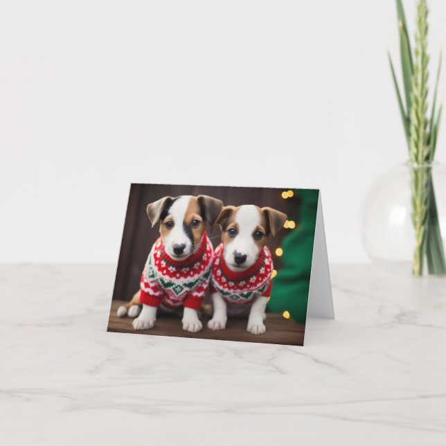 Jack Russell Puppies in Christmas Sweaters Card (Front)