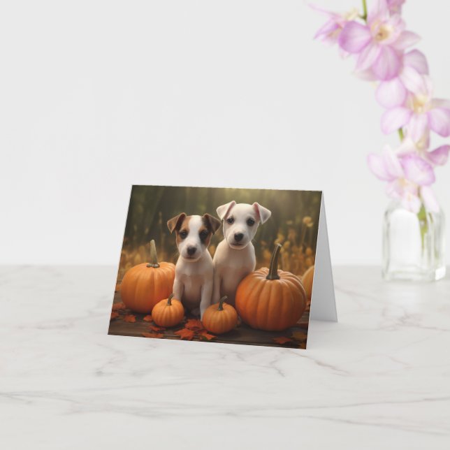 Jack Russell Puppy Autumn Delight Pumpkin  Card (Orchid)