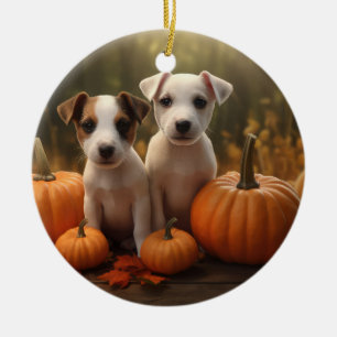 Jack Russell Puppy Autumn Delight Pumpkin Ceramic Ornament