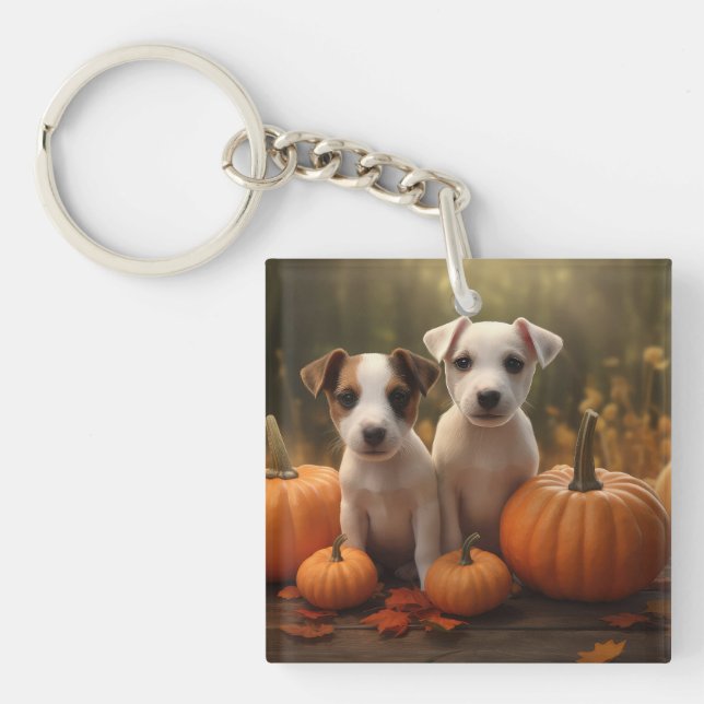 Jack Russell Puppy Autumn Delight Pumpkin  Keychain (Front)