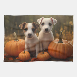 Jack Russell Puppy Autumn Delight Pumpkin  Kitchen Towel