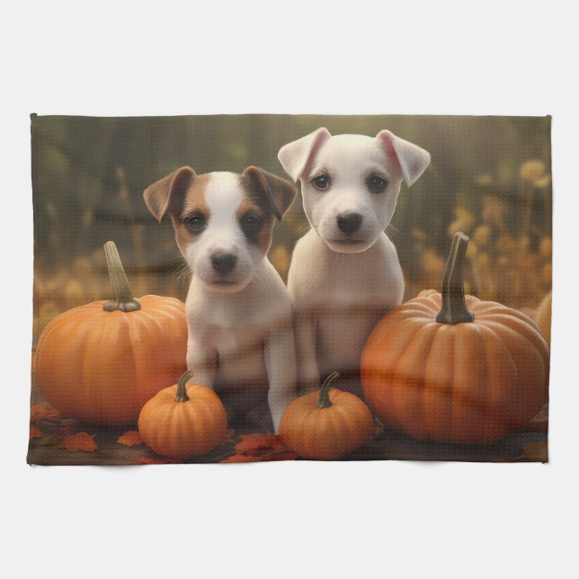 Jack Russell Puppy Autumn Delight Pumpkin  Kitchen Towel (Horizontal)