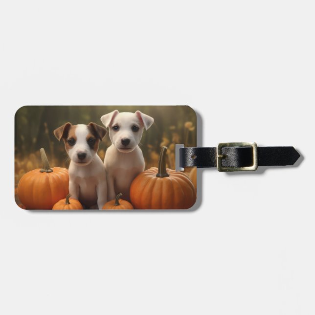 Jack Russell Puppy Autumn Delight Pumpkin  Luggage Tag (Front Horizontal)