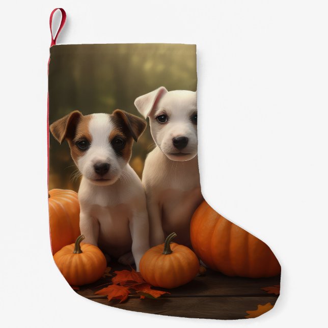 Jack Russell Puppy Autumn Delight Pumpkin  Small Christmas Stocking (Front)
