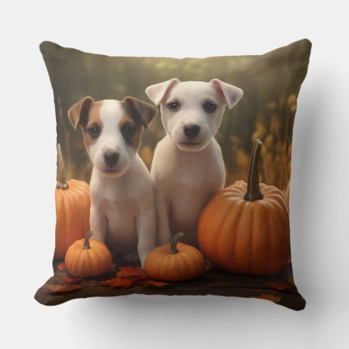 Jack Russell Puppy Autumn Delight Pumpkin  Throw Pillow