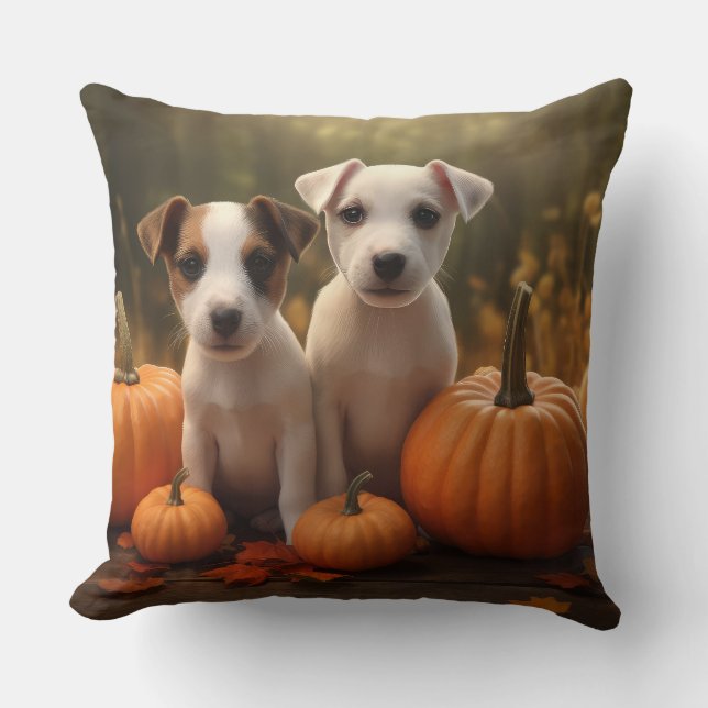 Jack Russell Puppy Autumn Delight Pumpkin  Throw Pillow (Front)