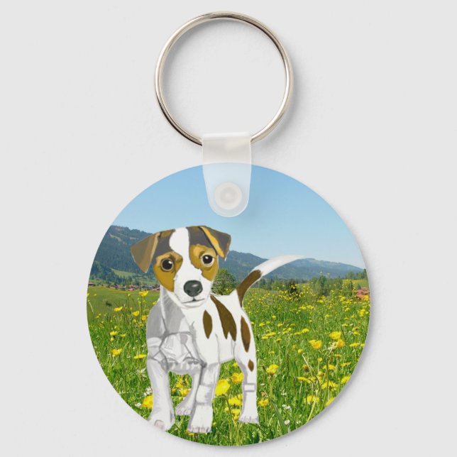 Jack Russell puppy in a Flower Meadow  Keychain (Front)