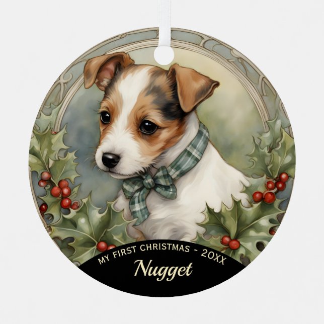 Jack Russell Puppy's First Christmas Ornament (Front)