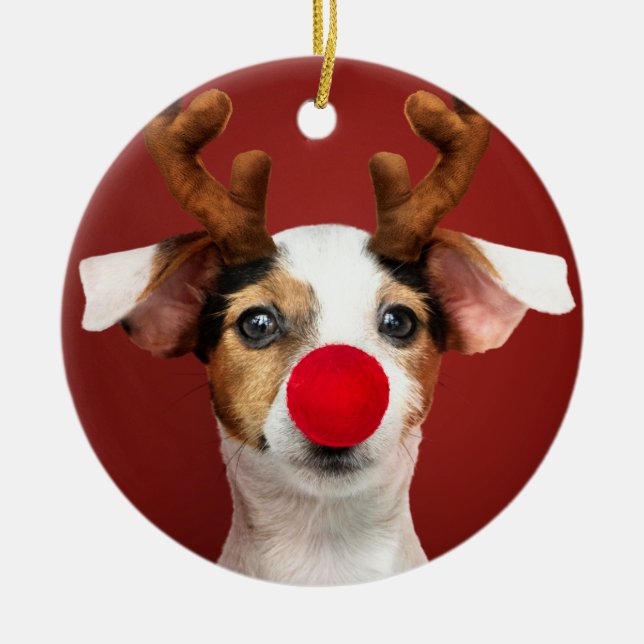 Jack Russell Reindeer Ceramic Ornament (Front)