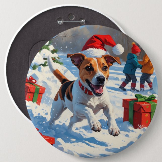 Jack Russell Running in Snow with Christmas Hat Button (Front & Back)