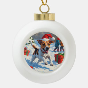 Jack Russell Running in Snow with Christmas Hat Ceramic Ball Christmas Ornament