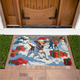 Jack Russell Running in Snow with Christmas Hat Doormat
