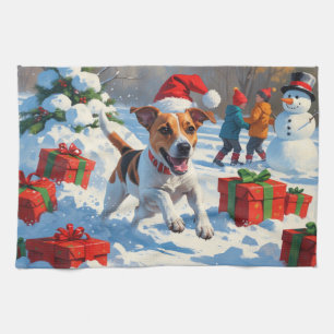 Jack Russell Running in Snow with Christmas Hat Kitchen Towel