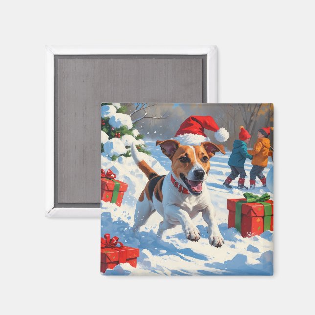 Jack Russell Running in Snow with Christmas Hat Magnet (Front/Back)