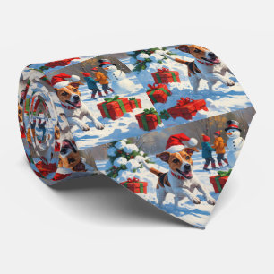 Jack Russell Running in Snow with Christmas Hat Neck Tie