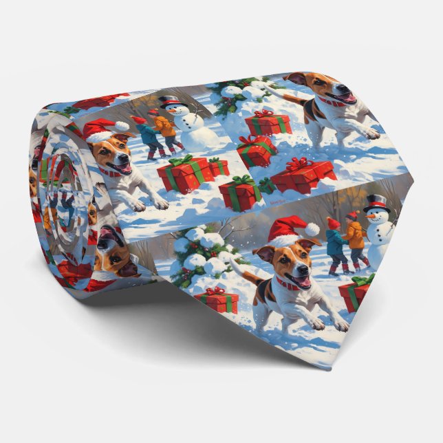 Jack Russell Running in Snow with Christmas Hat Neck Tie (Rolled)