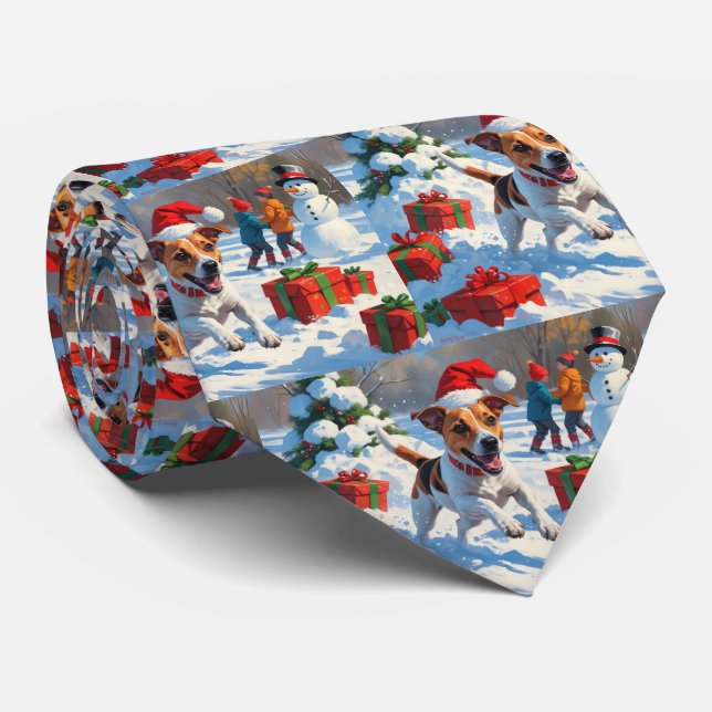 Jack Russell Running in Snow with Christmas Hat Neck Tie (Rolled)