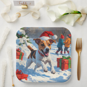 Jack Russell Running in Snow with Christmas Hat Paper Plates