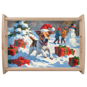 Jack Russell Running in Snow with Christmas Hat Serving Tray