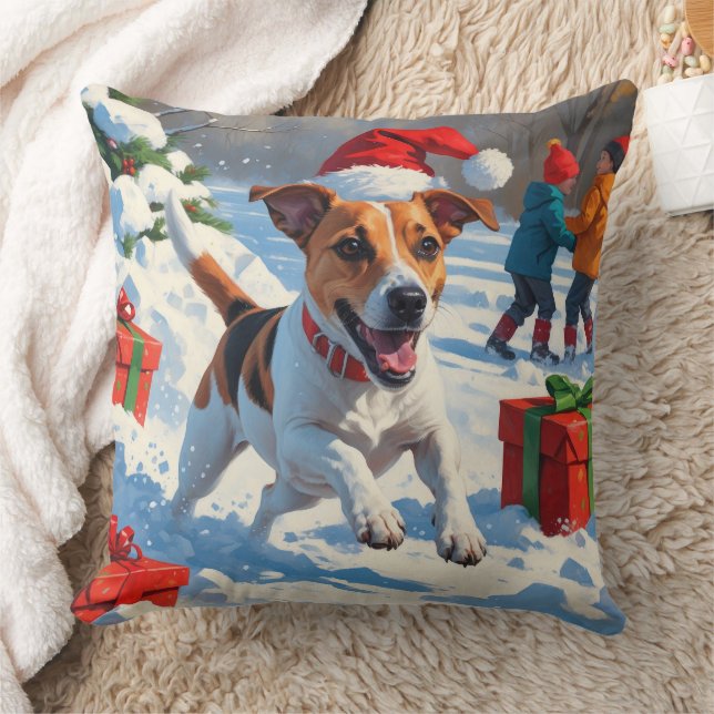 Jack Russell Running in Snow with Christmas Hat Throw Pillow (Blanket)