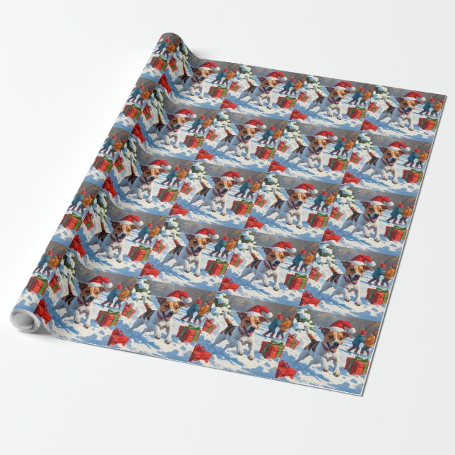 Jack Russell Running in Snow with Christmas Hat Wrapping Paper (Unrolled)