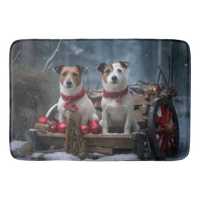 Jack Russell Snowy Sleigh Christmas Decor  Bath Mat (Front)