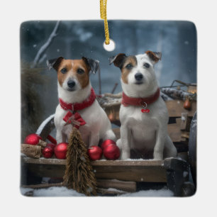 Jack Russell Snowy Sleigh Christmas Decor Ceramic Ornament