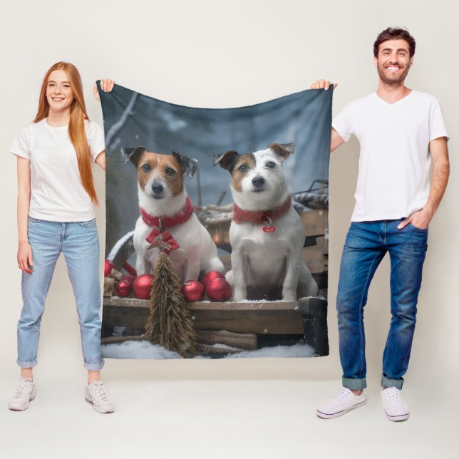 Jack Russell Snowy Sleigh Christmas Decor  Fleece Blanket (In Situ)