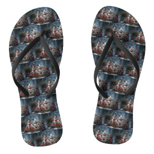 Jack Russell Snowy Sleigh Christmas Decor Flip Flops