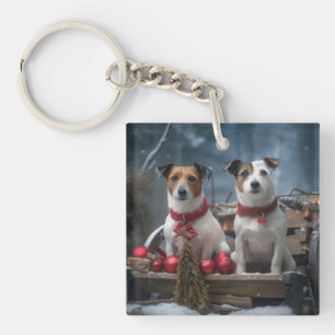 Jack Russell Snowy Sleigh Christmas Decor Keychain