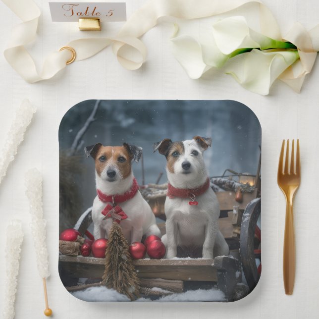 Jack Russell Snowy Sleigh Christmas Decor  Paper Plates (Wedding)