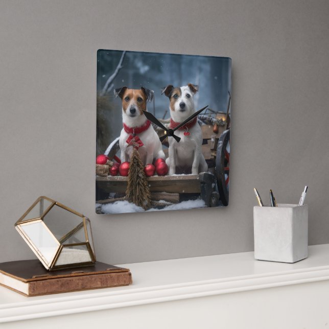 Jack Russell Snowy Sleigh Christmas Decor  Square Wall Clock (Office)