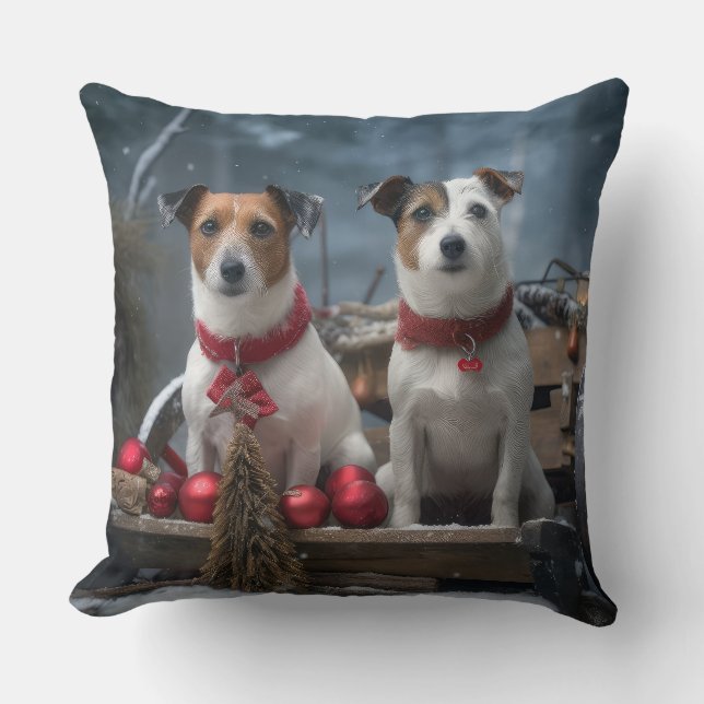 Jack Russell Snowy Sleigh Christmas Decor  Throw Pillow (Front)