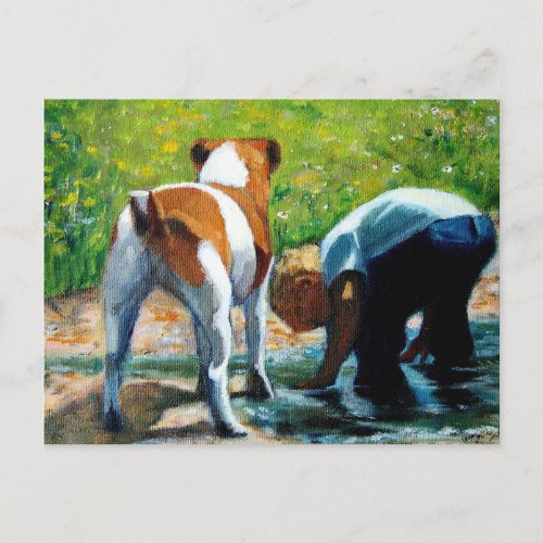 JACK RUSSELL TERRIER AND BOY ART POSTCARD